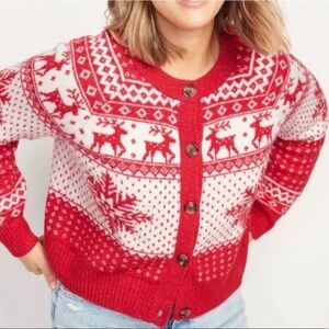 Christmas Old Navy Fair Isle Reindeer Holiday Cardigan Sweater Size L Red